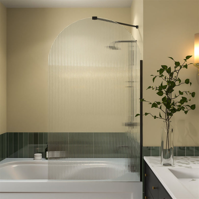 Serenity 33" x 58" Bathtub Screen Reeded Glass Shower Panel For Bathtub,Matte Black Finish,Reversible Installation,Semicircle