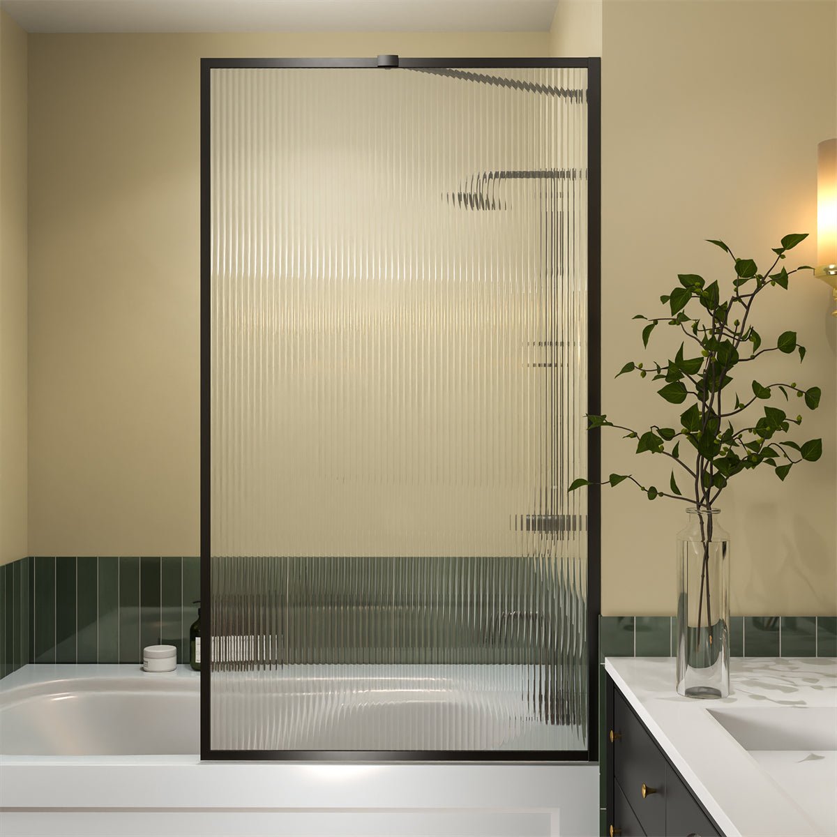 Serenity 33" x 58" Bathtub Screen Reeded Glass Shower Panel For Bathtub,Matte Black Finish,Reversible Installation,Square