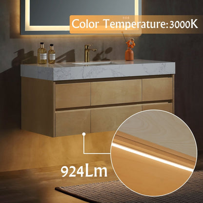 Sleek 48" Modern Floating Maple wood Bathroom Vanity Cabinet with with Lights and Stone Slab Countertop - ExBriteUSA