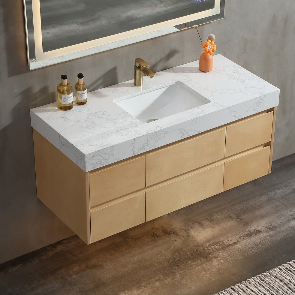 Sleek 48" Modern Floating Maple wood Bathroom Vanity Cabinet with with Lights and Stone Slab Countertop - ExBriteUSA