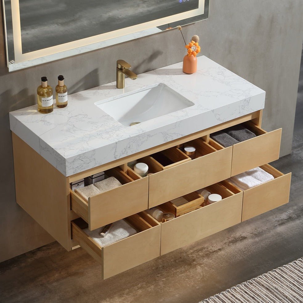 Sleek 48" Modern Floating Maple wood Bathroom Vanity Cabinet with with Lights and Stone Slab Countertop