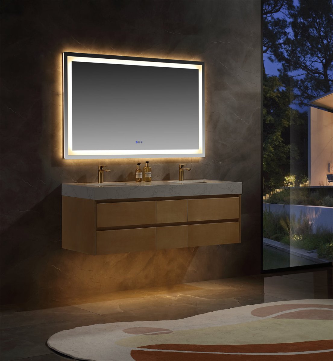 Sleek 60" Modern Floating Maple wood Bathroom Vanity Cabinet with with Lights and Stone Slab Countertop - ExBriteUSA