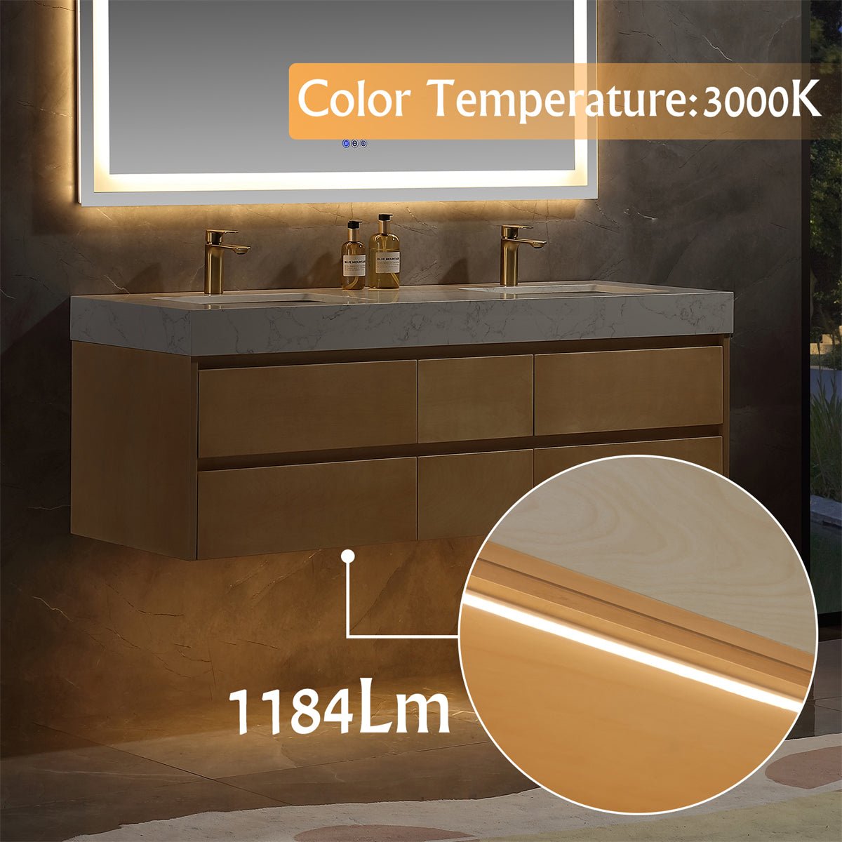 Sleek 60" Modern Floating Maple wood Bathroom Vanity Cabinet with with Lights and Stone Slab Countertop