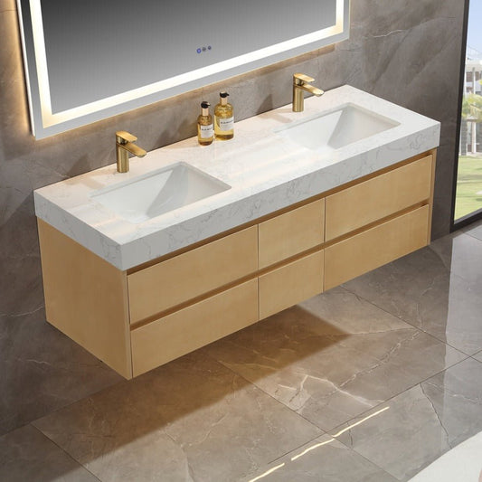 Sleek 60" Modern Floating Maple wood Bathroom Vanity Cabinet with with Lights and Stone Slab Countertop