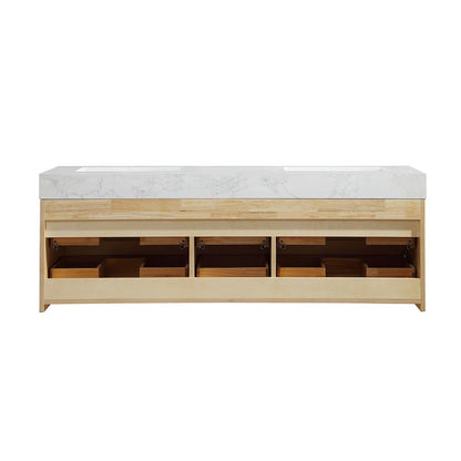 Sleek 60" Modern Floating Maple wood Bathroom Vanity Cabinet with with Lights and Stone Slab Countertop - ExBriteUSA
