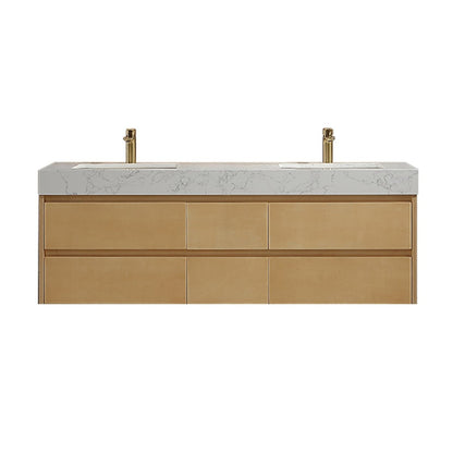 Sleek 60" Modern Floating Maple wood Bathroom Vanity Cabinet with with Lights and Stone Slab Countertop - ExBriteUSA